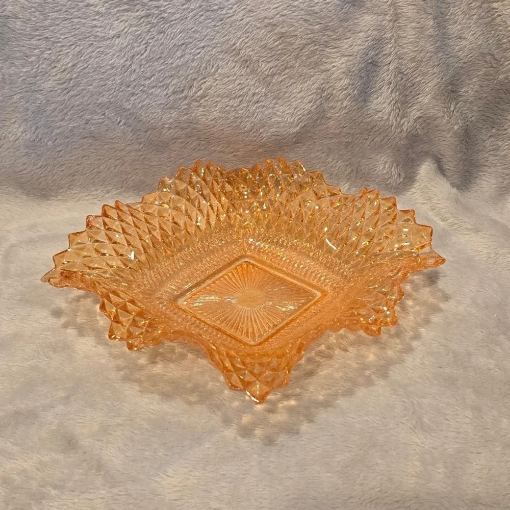 Vintage Indiana Marigold Carnival‎ Glass Square Bowl Diamond Point Sawtooth Edge